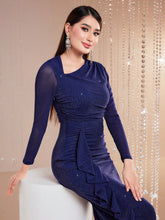 Modely Women'S Asymmetrical Neck Ruffle Hem Glitter Bodycon Dress